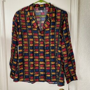 Stunt Silk Long Sleeve Button Up‎ Blouse Multicolor Geometric Pattern Vintage